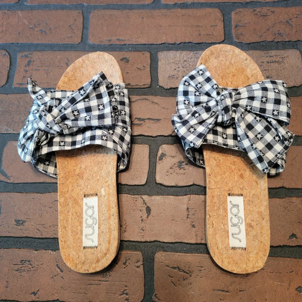 Sugar Women's Xenon Cork Flat Bow Sandal Slide Size 10 Black White Stars Boho